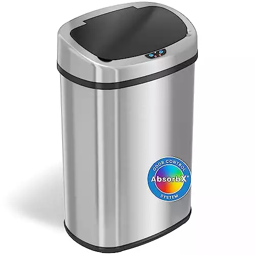 iTouchless 13 Gallon SensorCan Kitchen Trash Can with Odor Filter, Stainless Steel, Oval Shape, Sensor-Activated Lid Garbage Bin for Home, Office, Slim Space-Saving, Battery & AC Adapter not inclu...