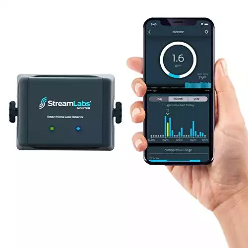 StreamLabs Smart Home Water Monitor Leak Detector with Wi-Fi – No Pipe Cutting, 5-Minute Install, Real-Time Phone Alerts – Fits 3/4" or 1" Pipes. Compatible with Alexa and Google Assista...