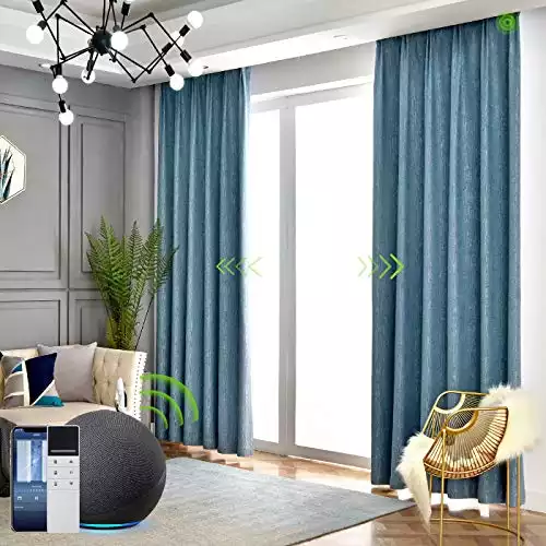 Yoolax Motorized Electric Blackout Curtain Texture Thermal Insulated Drapes Compatible with Alexa and Google Home Remote Control Smart Curtain Customized (Blue, W156''XH95''(Cover ...