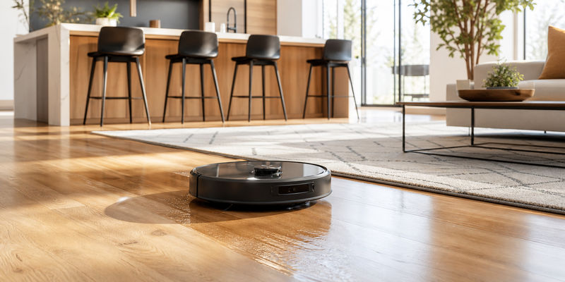 best robot vacuum and mop combos mopping hardwood floor before crossing onto a rug
