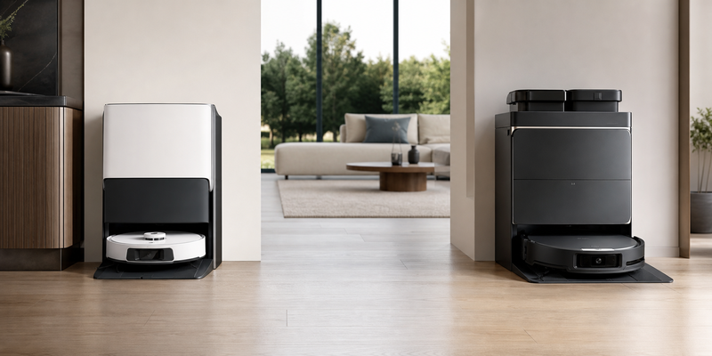 Roborock and Ecovacs robot vacuums with premium docks in a smart home