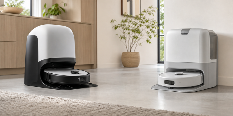 Roborock and eufy robot vacuums docked side by side in a smart home