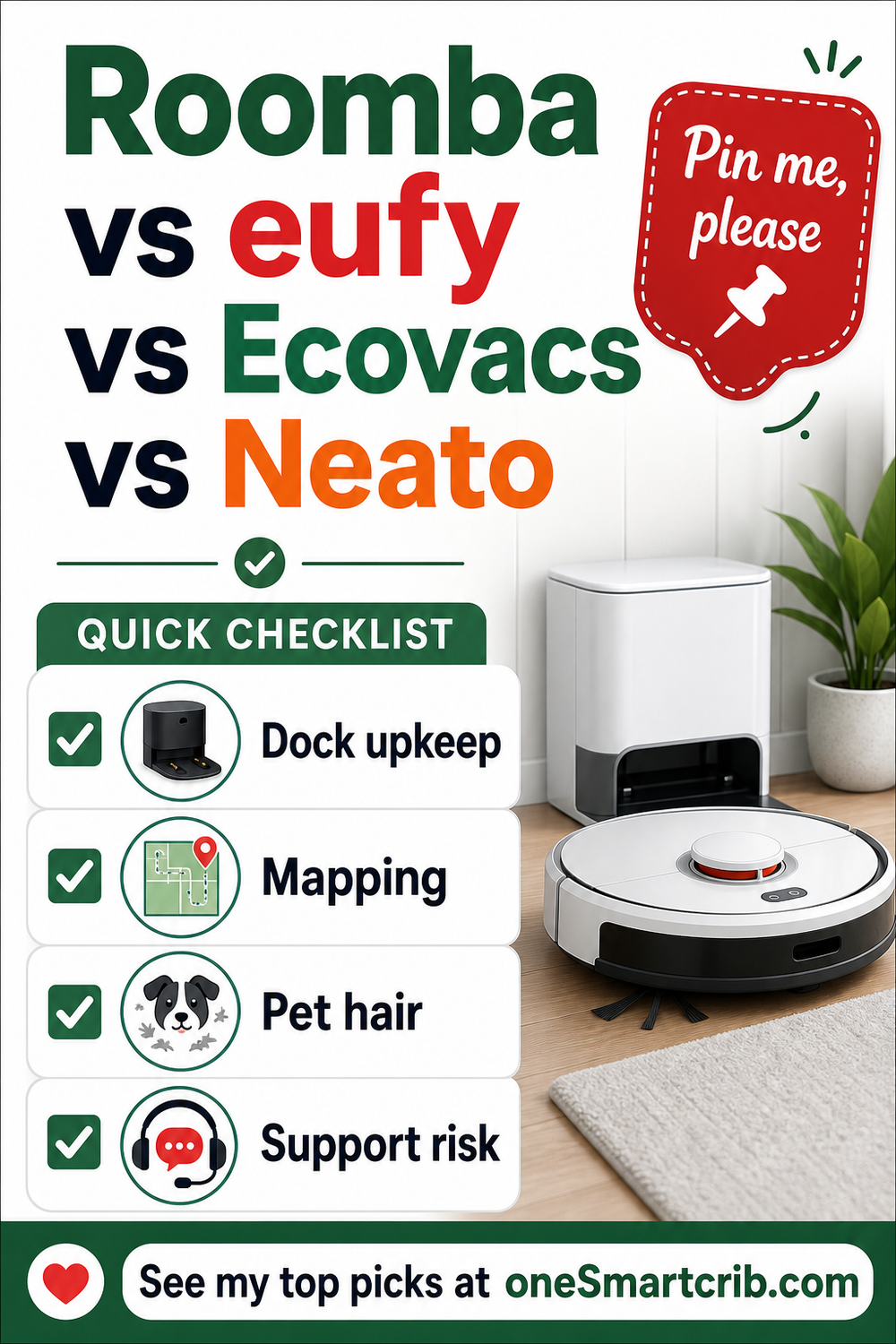Roomba vs eufy vs Ecovacs vs Neato buyer guide pin
