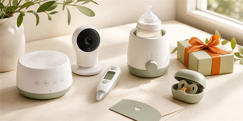 Useful baby technology gifts arranged on a warm nursery surface