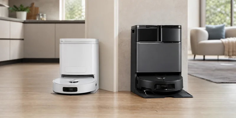 eufy and Ecovacs robot vacuums compared side by side on hard floors