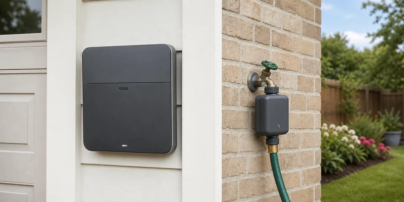 Orbit B-hyve XR wall controller and smaller B-hyve XD hose timer shown at realistic relative size