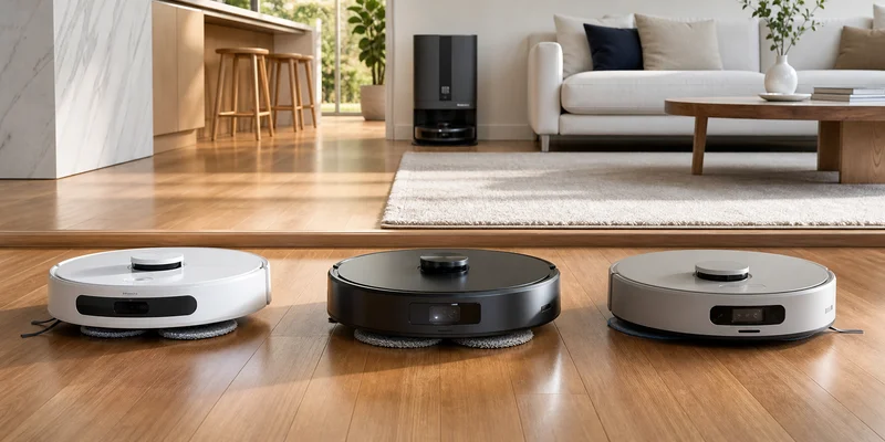 Illustrative hero image with three modern robot mop vacuums on hardwood floors near a rug threshold
